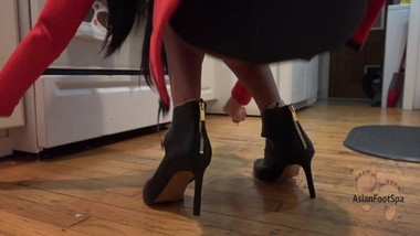 High Heeled Leather Boots While Making Dinner