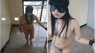 Blindfolded Indian slave walks on stairs without clothes on XXX body