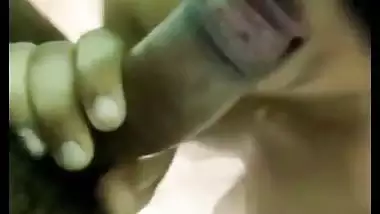 Man blindfolds the lady and gets an Indian blowjob