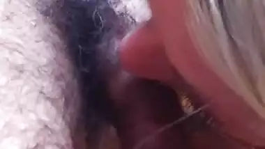 white whore licking brown cock blowjob blonde