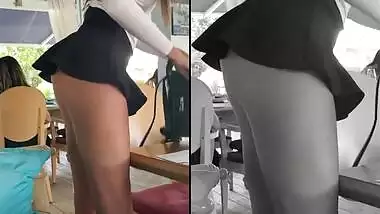 Sexy mini skirt, pussy and panties flashing before risky blowjob -Yoya Grey
